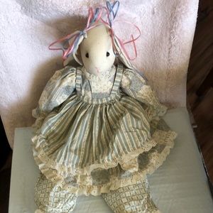 Vtg 80s Hand Made OOAK Bunny Rabbit Doll Fleece Dress Ears Cotton Apron 21”